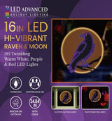 This image shows what the packaging for this decoration looks like. It reads "LED Advanced Holiday Lighting. 16 inch LED hi-vibrant raven and moon. 195 twinkling warm white, purple and red LED lights. Continuous-on lights. For indoor and outdoor use. Measures 34.84 inches tall with the stake. Suction cup included. Yard stake included."