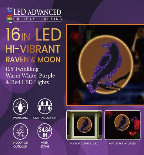 This image shows what the packaging for this decoration looks like. It reads "LED Advanced Holiday Lighting. 16 inch LED hi-vibrant raven and moon. 195 twinkling warm white, purple and red LED lights. Continuous-on lights. For indoor and outdoor use. Measures 34.84 inches tall with the stake. Suction cup included. Yard stake included."