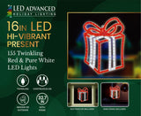 This image shows the packaging that this decoration comes in. It reads "LED Advanced Holiday Lighting. 16 inch LED hi-vibrant present. 155 twinkling red & pure white LED lights. The lights are continuous-on. Can be used indoors or outdoors. Measures 32.7 inches tall with the stake. Suction cup and yard stake included."