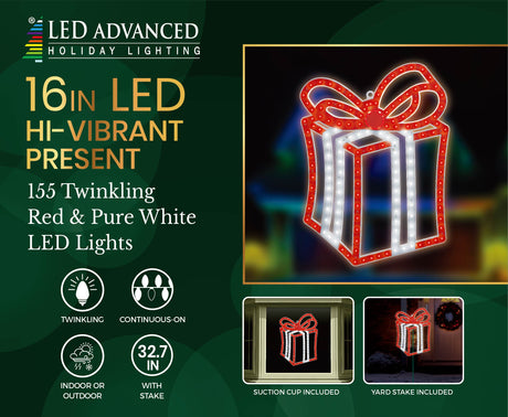 This image shows the packaging that this decoration comes in. It reads "LED Advanced Holiday Lighting. 16 inch LED hi-vibrant present. 155 twinkling red & pure white LED lights. The lights are continuous-on. Can be used indoors or outdoors. Measures 32.7 inches tall with the stake. Suction cup and yard stake included."
