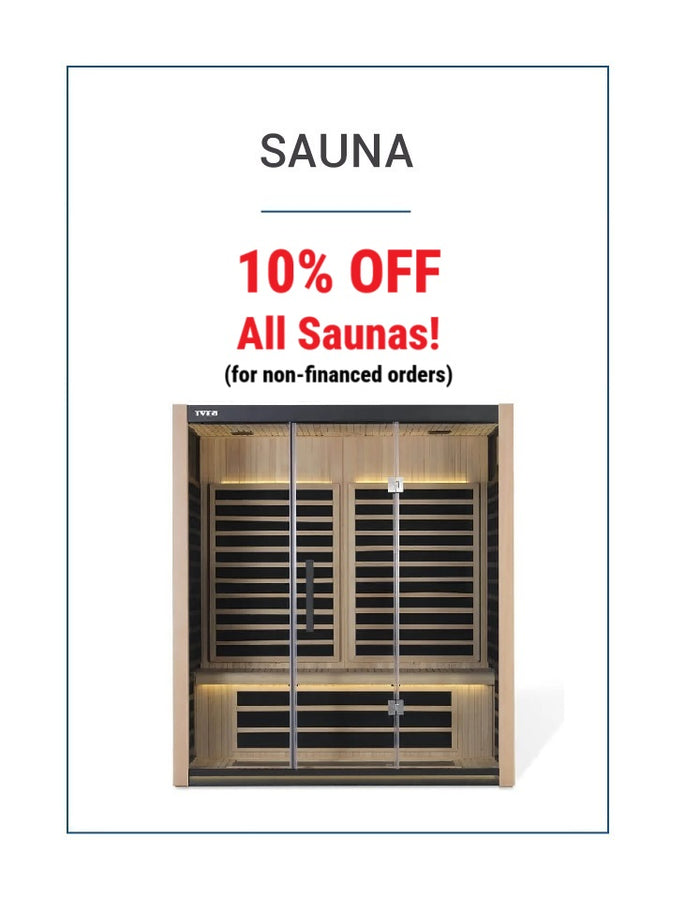 Sauna promotion with 10% off discount on non-financed orders, featuring a sauna image.