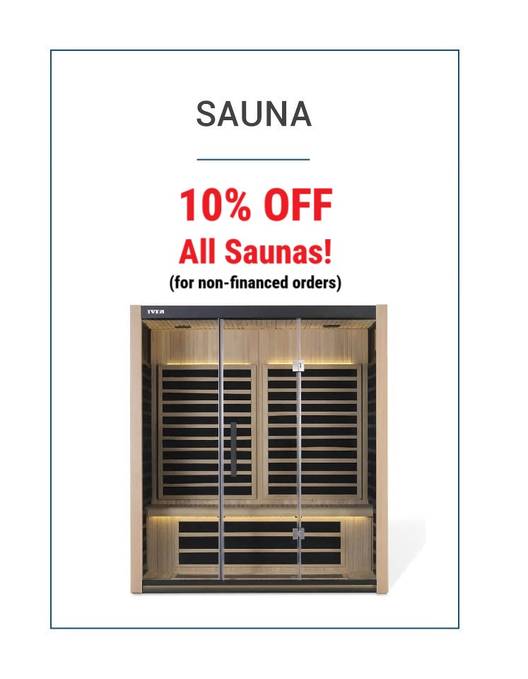 Promotion for saunas with a 10% discount offer for non financed orders on a white background
