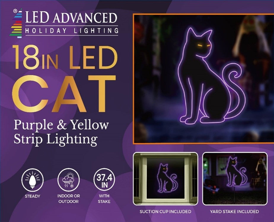 This image shows what the packaging looks like for this item. It reads "LED Advanced Holiday Lighting. 18 inch LED cat. Purple and yellow strip lighting. Continuous-on technology. For indoor and outdoor use. It measures 37.4 inches tall with the stake. Suction cup included. Yard stake included."