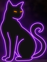 This image shows what this Halloween decoration looks like. It's designed to look like a purple cat with yellow, squinty eyes.