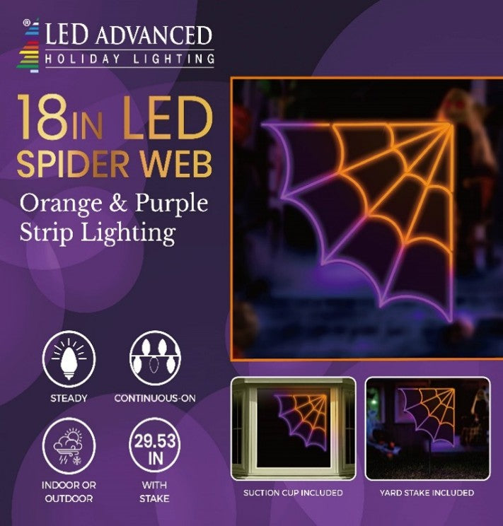 This image shows what the packaging looks like for this item. It reads "LED Advanced Holiday Lighting. 16 inch LED hi-vibrant spider web. Orange and purple strip lighting. Steady lighting. Continuous-on technology. For indoor and outdoor use. It measures 29.53 inches tall with the stake. Suction cup included. Yard stake included."