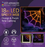 This image shows what the packaging looks like for this item. It reads "LED Advanced Holiday Lighting. 16 inch LED hi-vibrant spider web. Orange and purple strip lighting. Steady lighting. Continuous-on technology. For indoor and outdoor use. It measures 29.53 inches tall with the stake. Suction cup included. Yard stake included."
