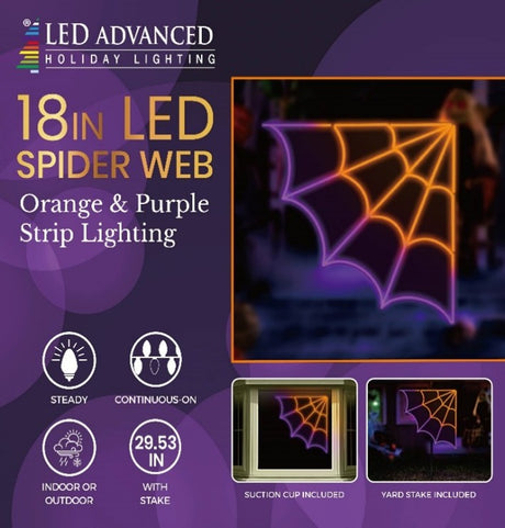This image shows what the packaging looks like for this item. It reads "LED Advanced Holiday Lighting. 16 inch LED hi-vibrant spider web. Orange and purple strip lighting. Steady lighting. Continuous-on technology. For indoor and outdoor use. It measures 29.53 inches tall with the stake. Suction cup included. Yard stake included."