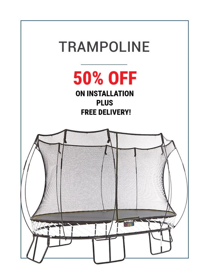 Trampoline with promotional text for 50% off installation and free delivery on a white background.