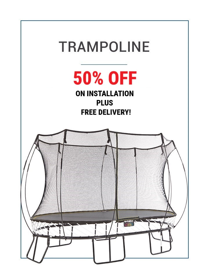 Trampoline with promotional text for 50% off installation and free delivery on a white background.