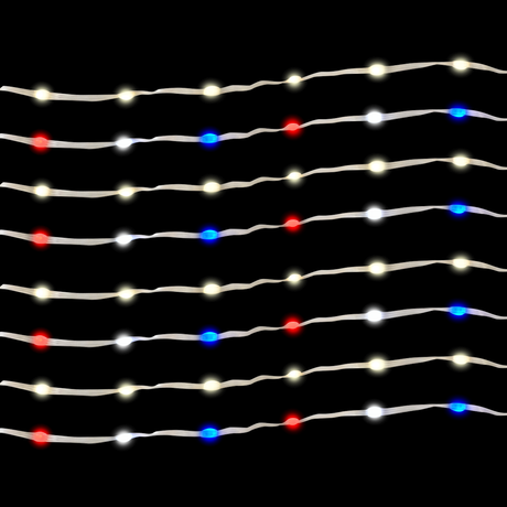 Battery operated lights that go from warm white to red, white and blue.