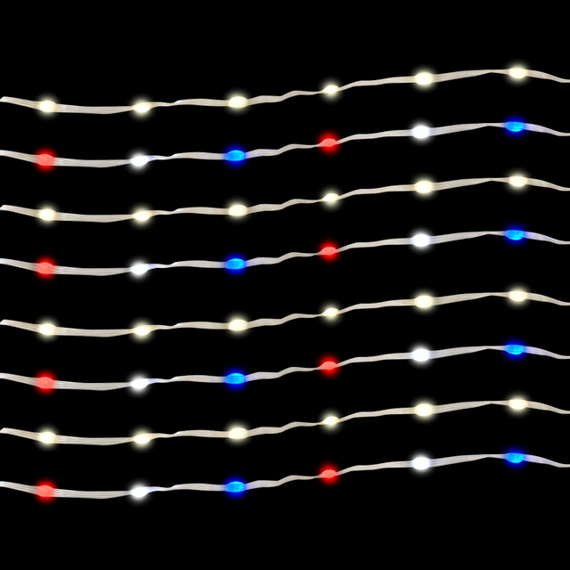 Battery operated lights that go from warm white to red, white and blue.