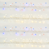 Battery operated lights that go from warm white to red, white and blue.