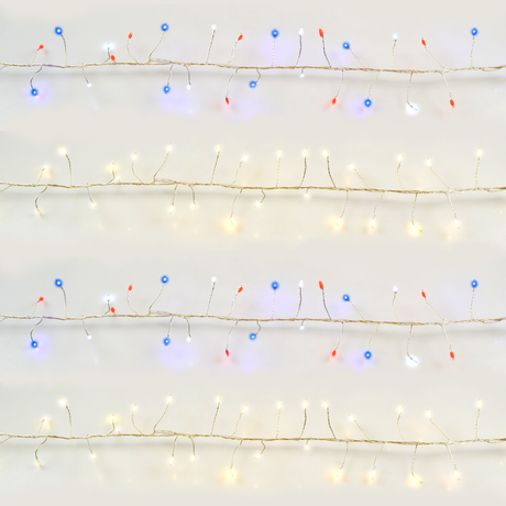 Battery operated lights that go from warm white to red, white and blue.