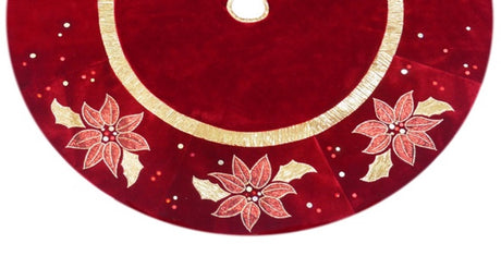 48" Burgundy Applique and Embroidered Poinsettia Velvet Christmas Tree Skirt