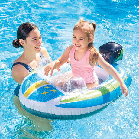 Pool inflatable shaped like a speedboat.