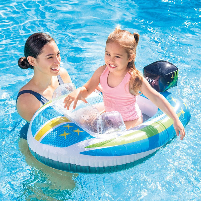 Pool inflatable shaped like a speedboat.