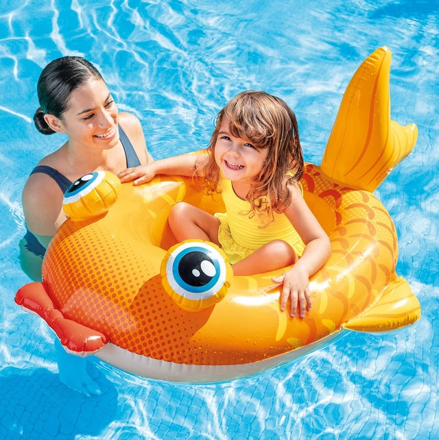 Pool inflatable shaped like a yellow and orange fish with large, blue eyes.