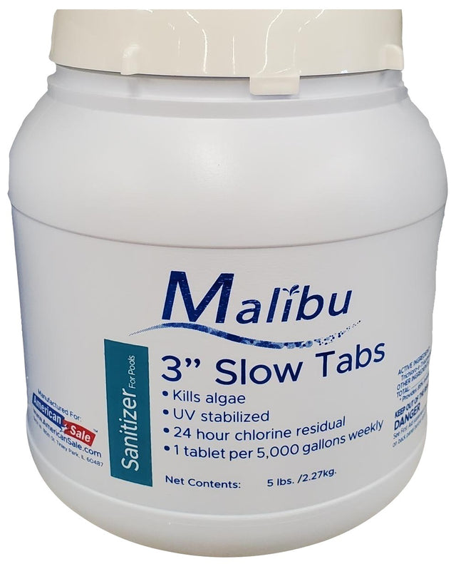 A white plastic container with a blue and green label for Malibu 3" Slow Tabs Sanitizer for Pools, indicating it is a pool maintenance chemical.