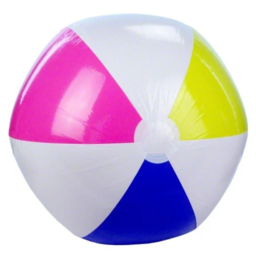 Inflatable beach ball. Colors are white, pink, blue and yellow.