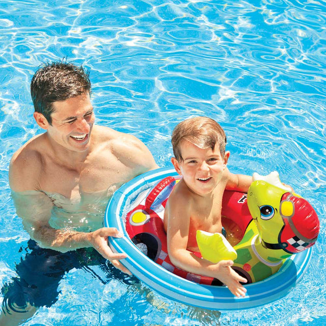 Pool inflatable for kids shaped like a turtle driving a racecar.