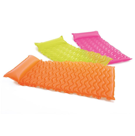 Inflatable pool mattress. There are three color options: Orange, yellow and pink.