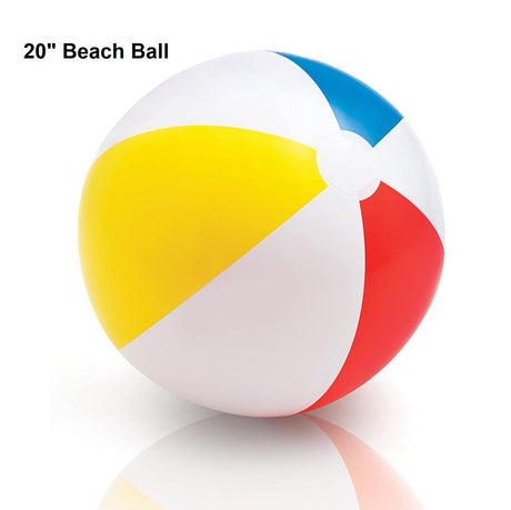 Inflatable beach ball. Colors are white, yellow, red and blue.