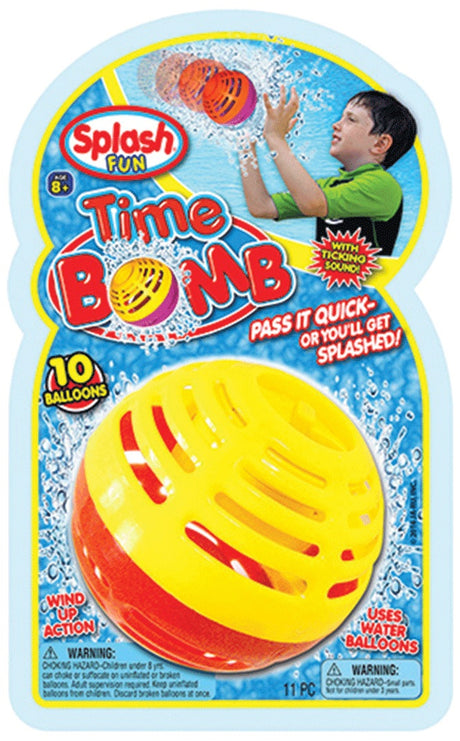 You fill a balloon with water and put it inside this ball. You throw it back and forth until time runs out. When you heart the buzzing sound, the balloon will pop and splash you.