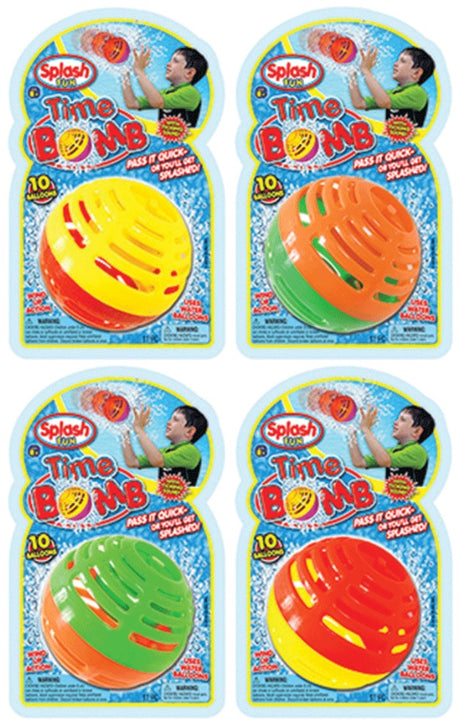 You fill a balloon with water and put it inside this ball. You throw it back and forth until time runs out. When you heart the buzzing sound, the balloon will pop and splash you.
