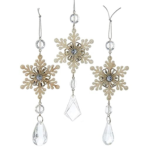 Snowflake ornaments with gems hanging underneath.