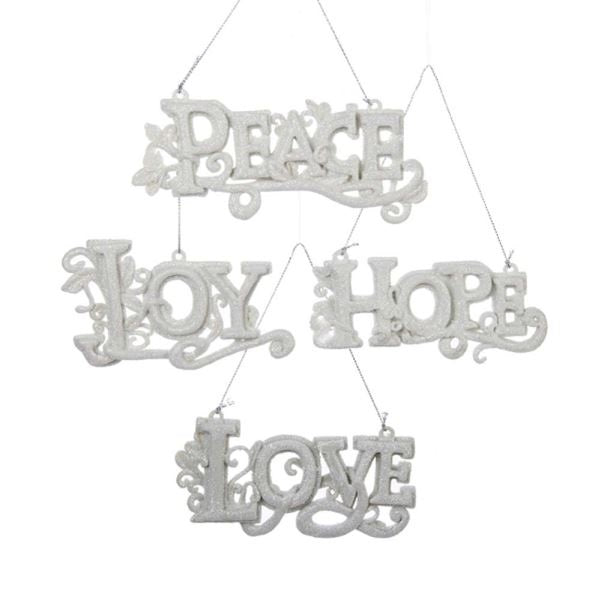 Ornaments read "LOVE" or "PEACE" or "JOY" or "HOPE."