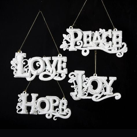 Ornaments read "LOVE" or "PEACE" or "JOY" or "HOPE."