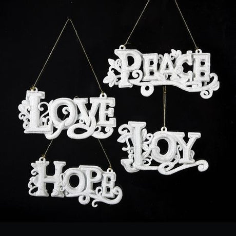 Ornaments read "LOVE" or "PEACE" or "JOY" or "HOPE."
