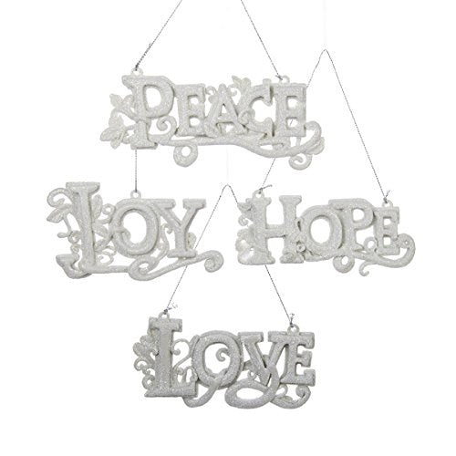 White and silver glitter ornaments designed to look like words.