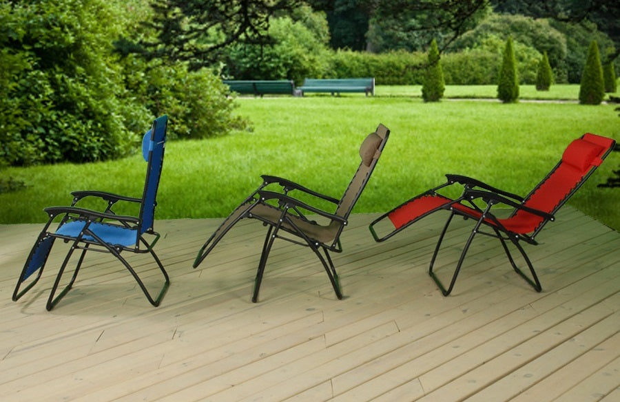 Blue chair, tan chair and red chair.