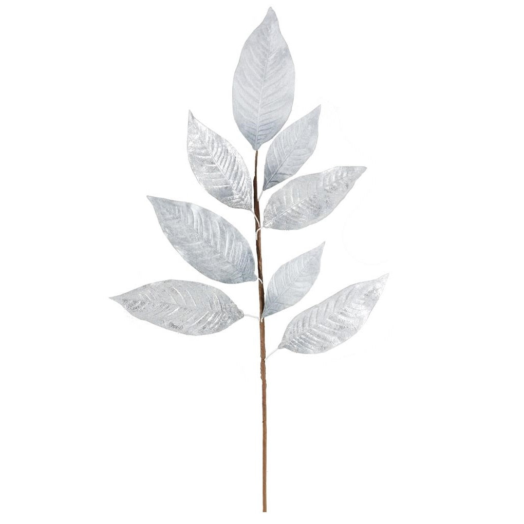 Decorative pick spray that looks like silver leaves on a brown branch.