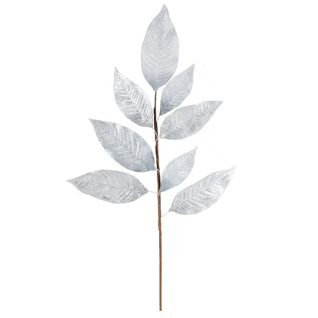 Decorative pick spray that looks like silver leaves on a brown branch.