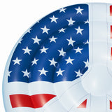 A pool float designed to look like a peace sign made out of the American flag.