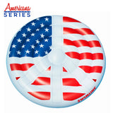 A pool float designed to look like a peace sign made out of the American flag.