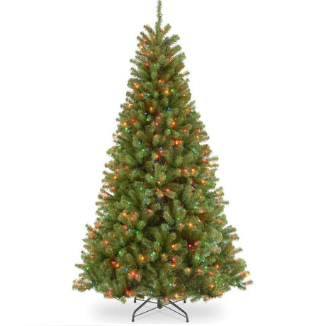 Artificial tree pre-lit with multi-colored lights.