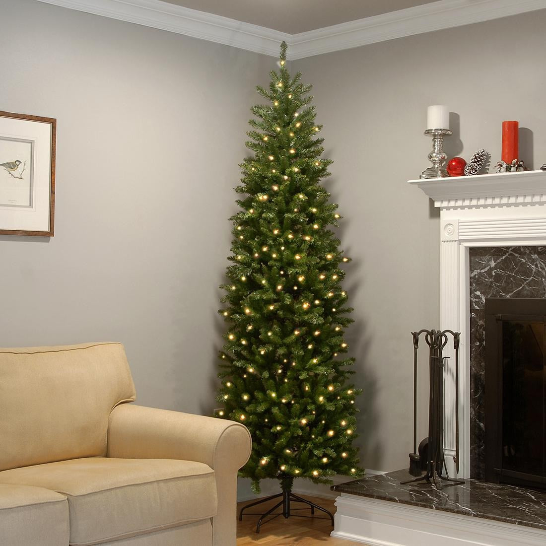Artificial tree pre-lit with clear lights.