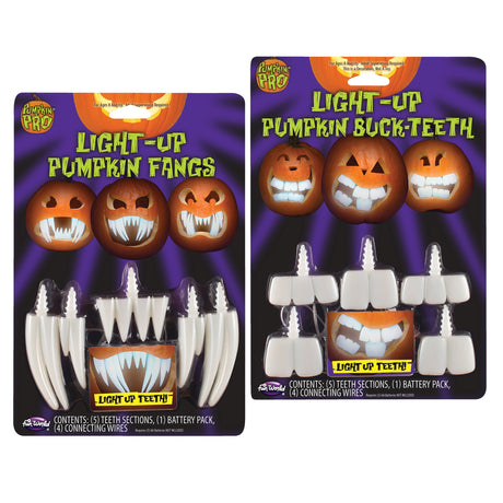 Pumpkin carving accessories. One package features light up fangs and the other package features light up buck teeth. You put them in your pumpkin's mouth to make them spooky or goofy looking.