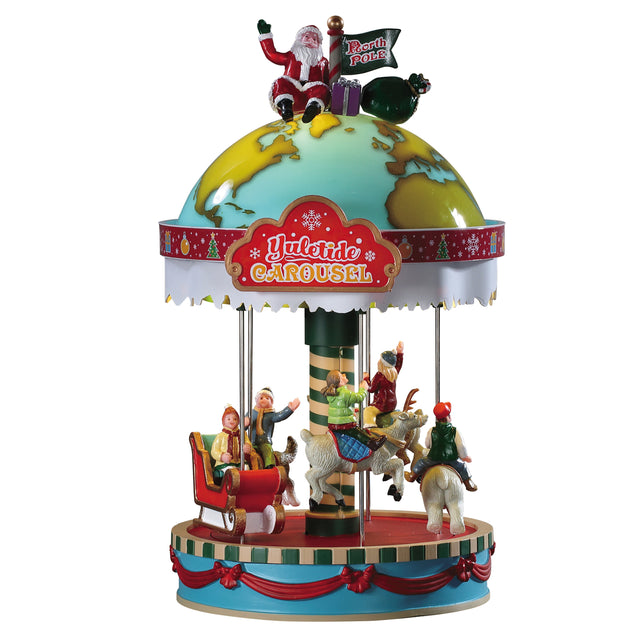 Polyresin carousel for Lemax Village display. The sign reads "Yuletide Carousel" and features Santa on top. The top of the carousel looks like a globe. There are kids on the various animals on the carousel