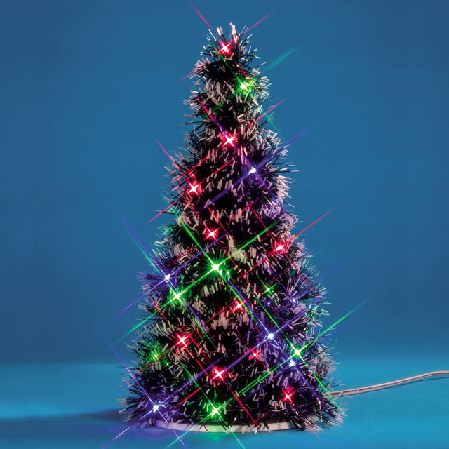 A small tree decorated with multi-colored lights. Perfect for a Lemax Village display