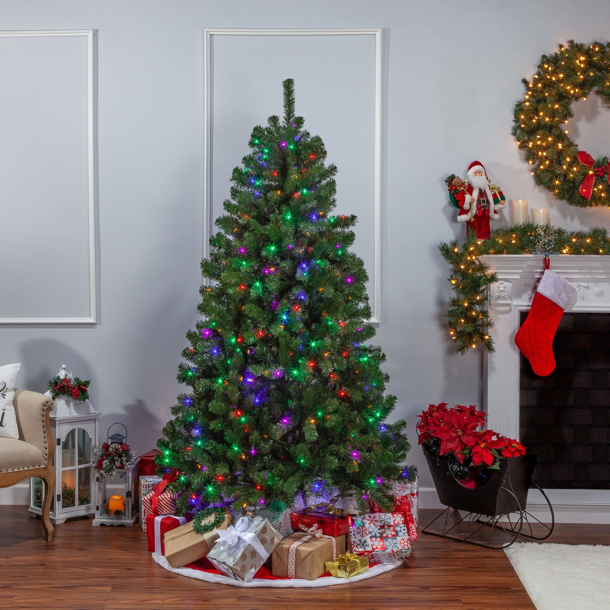 Pre-lit artificial tree. Lights are multi-colored.