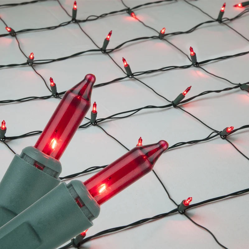 Basically a blanket of lights. You can wrap it around tree trunks, you can throw it over a bush, etc. The lights are red and the wire is green.