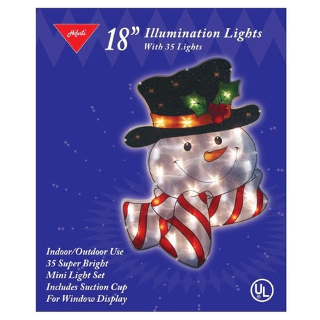 Pre-lit decoration shaped like a smiling snowman wearing a black top hat with holly leaves and berries and a red and white striped scarf.