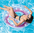 Clear inflatable inner tube with glitter inside. This tube has purple glitter.