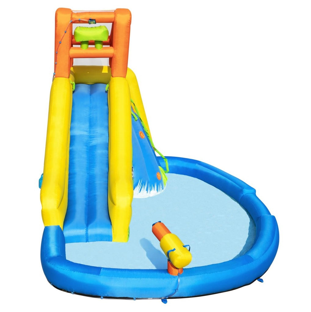 Massive inflatable backyard water park for kids. There's a small water slide that lands into a small pool and there's a fun wall to climb.