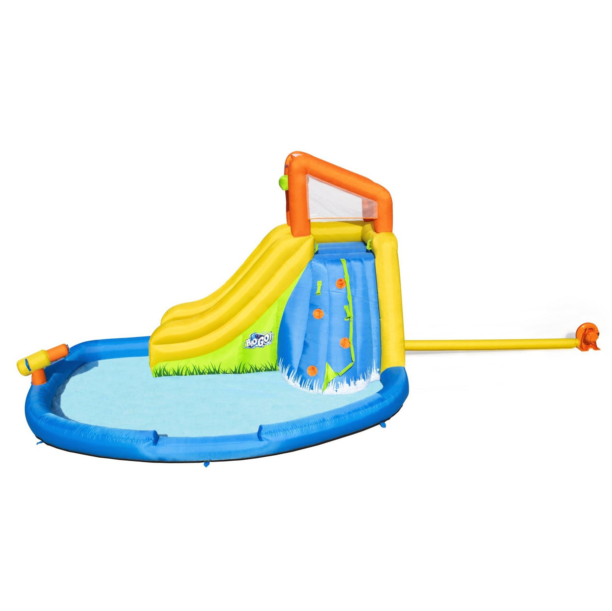 Massive inflatable backyard water park for kids. There's a small water slide that lands into a small pool and there's a fun wall to climb.