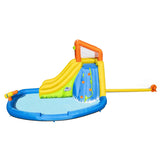 Massive inflatable backyard water park for kids. There's a small water slide that lands into a small pool and there's a fun wall to climb.